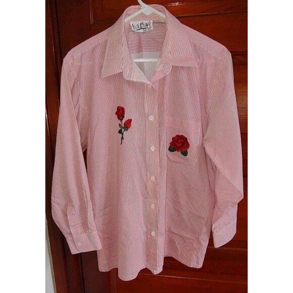 EUC Sz Large VTG 90s Button Striped Shirt Embroidered Roses - Picture 1 of 6